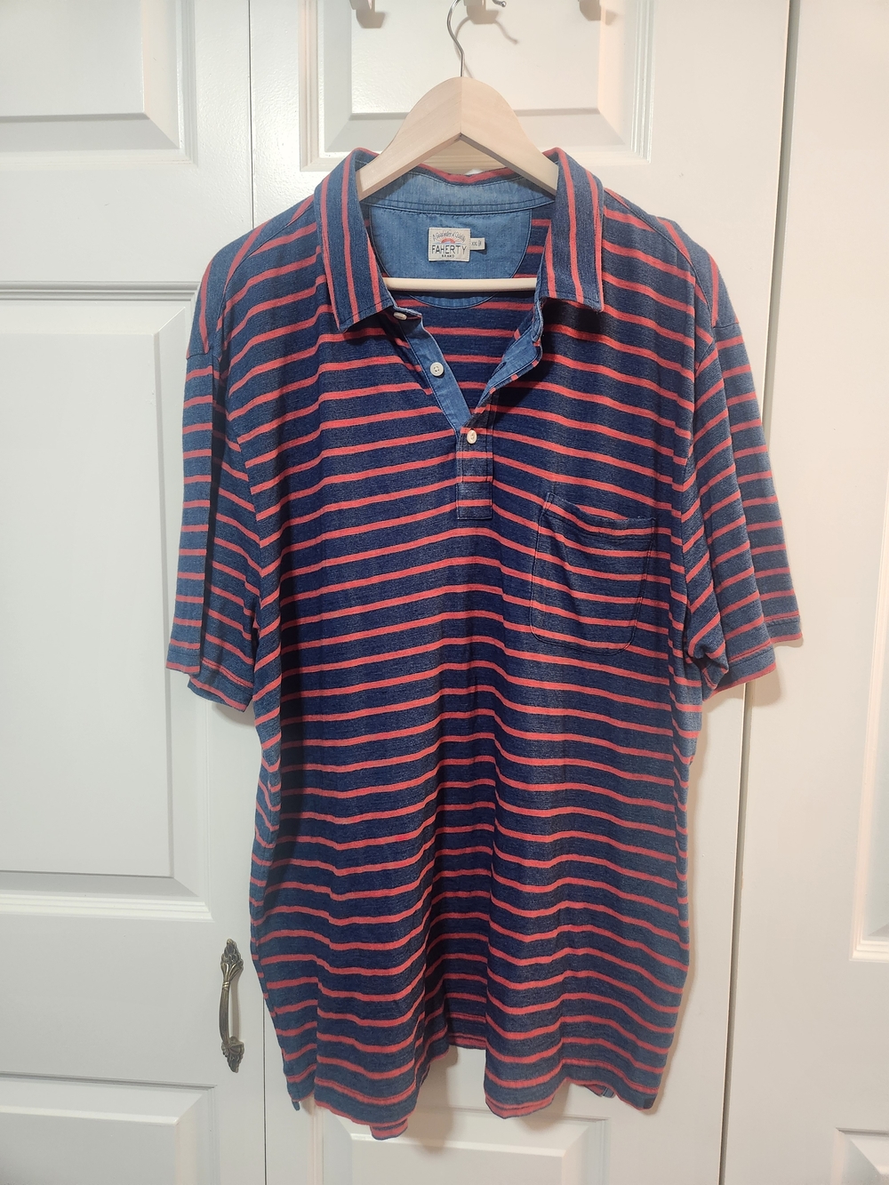 Faherty Indigo & Red Striped Polo Shirt USA Fourth Of July Cotton XXL